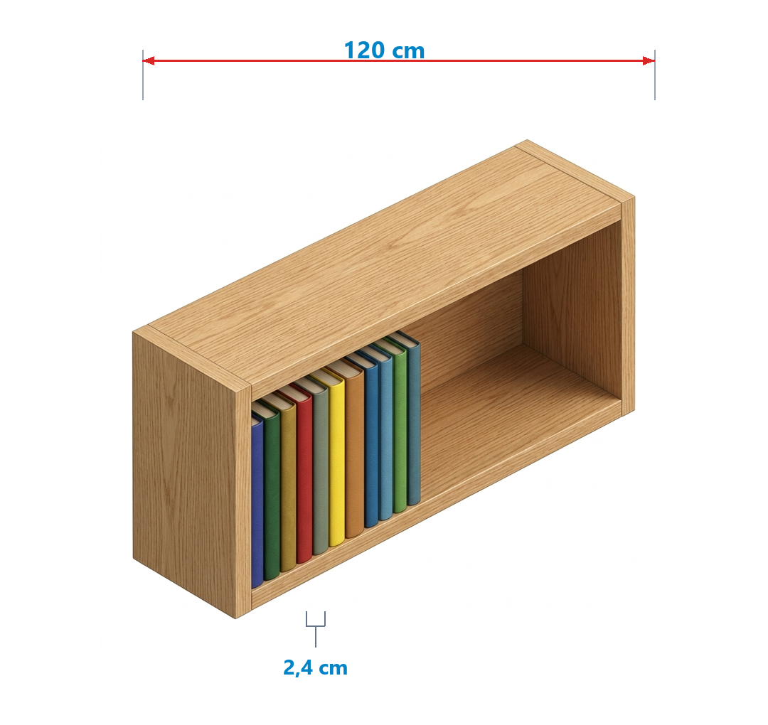 Hình Bài 1.11: Ngăn đựng sách dài 120 cm và cuốn sách dày 2,4 cm